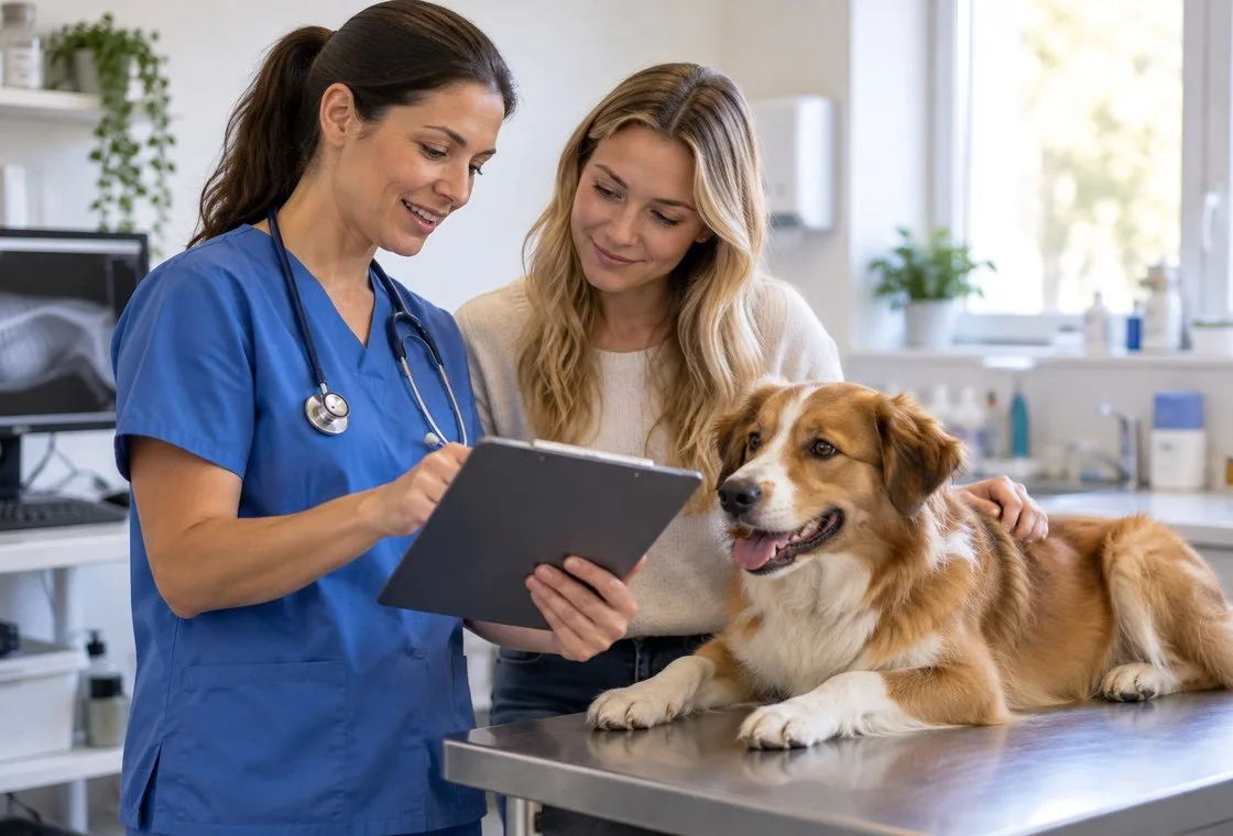 Veterinarian talking through a tablet with an owner and dog at a consultation