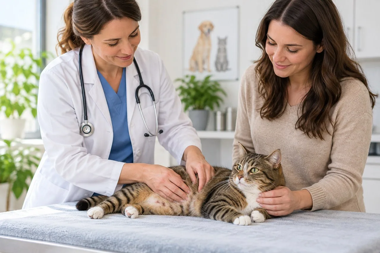 Veterinarian examining a tabby cat supported by its owner